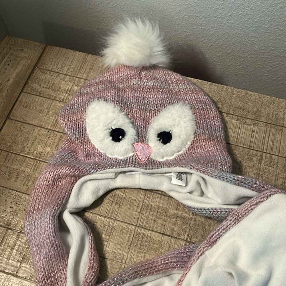 Owl beanie with long attached scarf with inside hand pockets